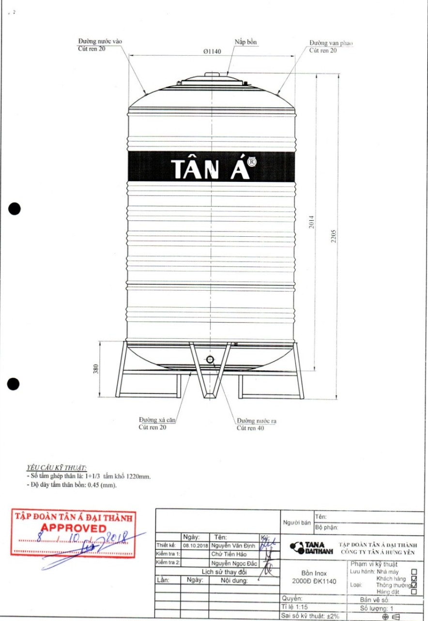 Bản vẽ kỹ thuật bồn nước inox 2000l đứng - Fi 1140