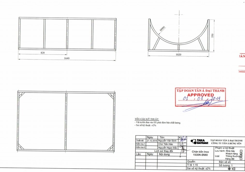 Thông số kỹ thuật chân giá đỡ bồn inox 1500l ngang -F980