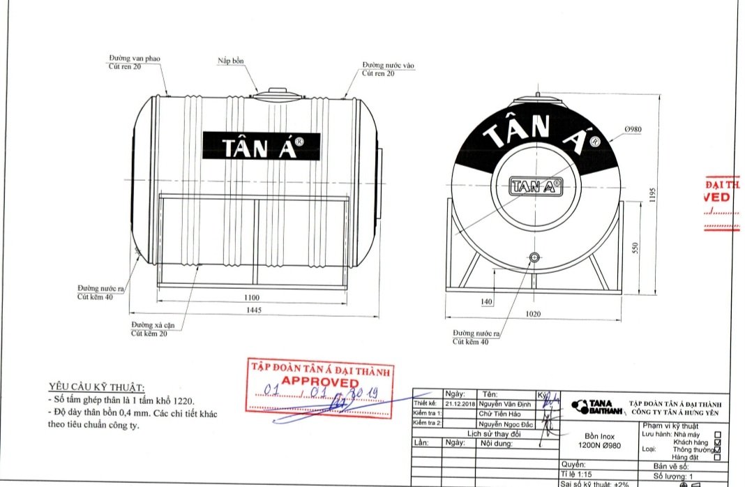 Thông số kỹ thuật bồn nước inox Tân Á 1200l ngang